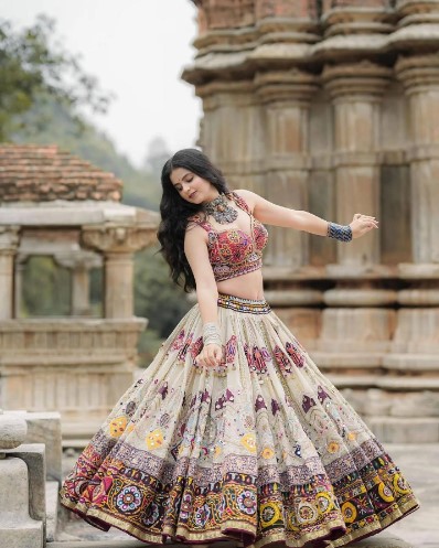 Muslin Mirror Work Lehenga Choli with Digital Prints